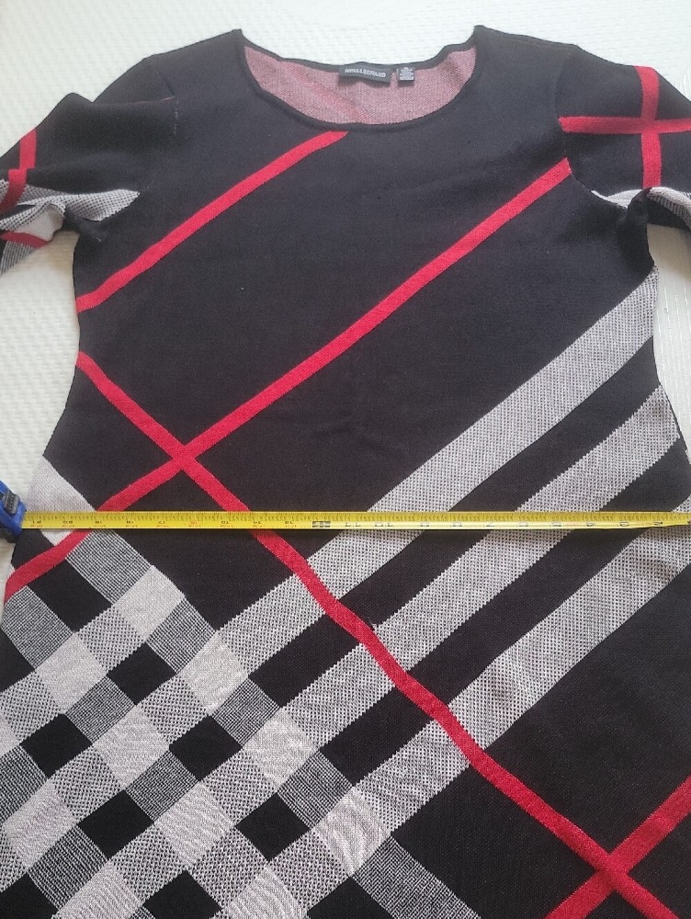Nina Leonard Black Knit Midi Dress with Black,  Red and White Plaid Stripes - Picture 12 of 16